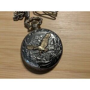 Wrangler Pocket Watch Figaro Chain Gold Tone Hunter Case Eagle New Battery